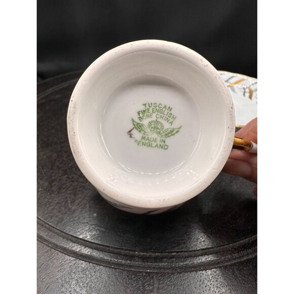Vintage Tuscan England Bone China Teacup & Saucer Set With Gold & Black Feather - Picture 10 of 10